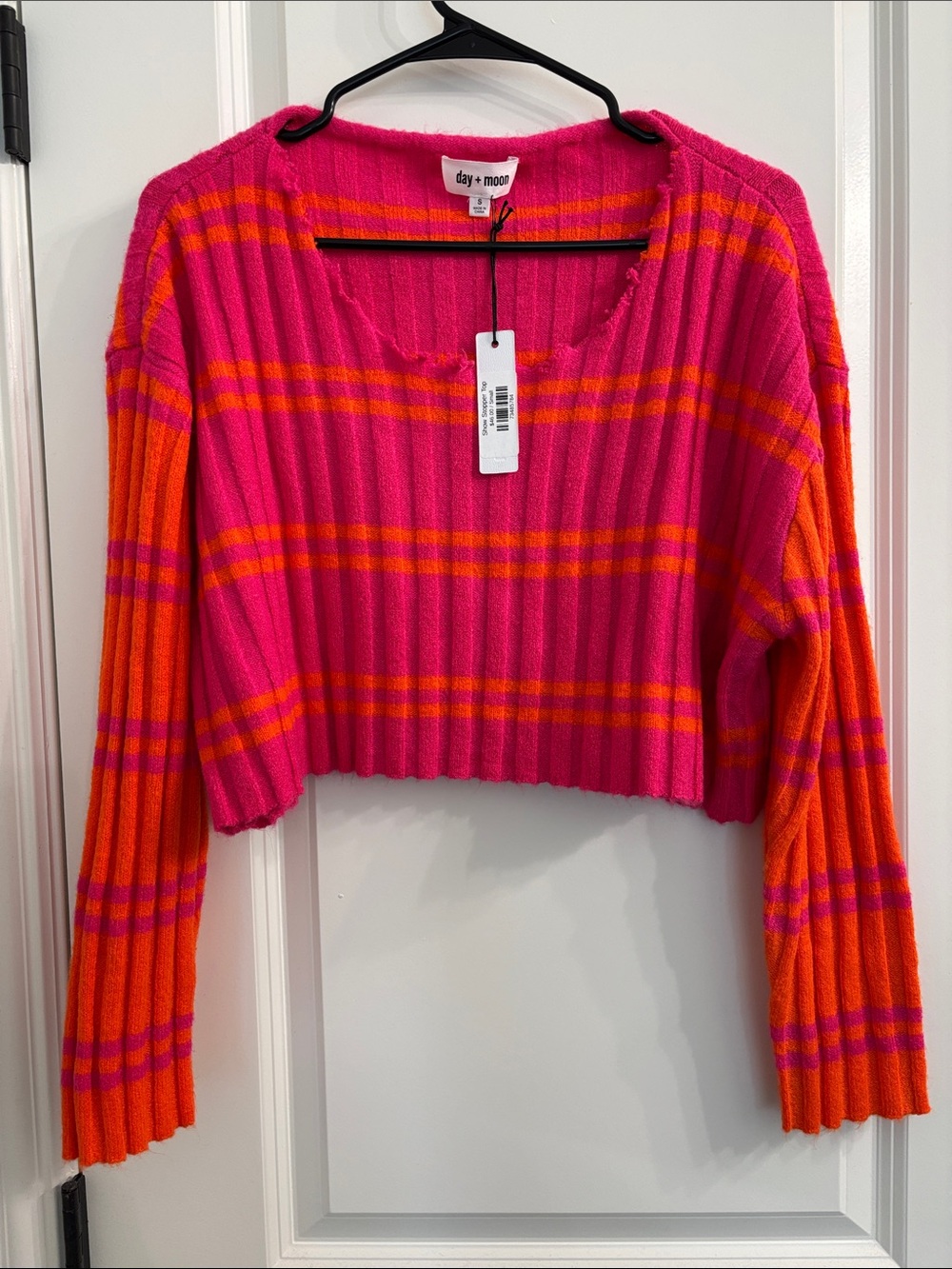 day + mood Pink & Orange Striped Ribbed Cropped Sweater Top